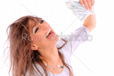 A young woman with dollars in her hands