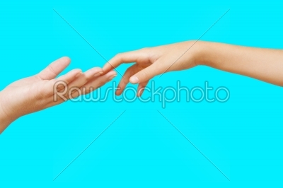 Two hands isolated on a sky blue  background