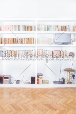  living room with tv stand and bookcase rendering 