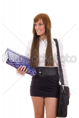 business woman traveling in black skirt holding briefcase and fo