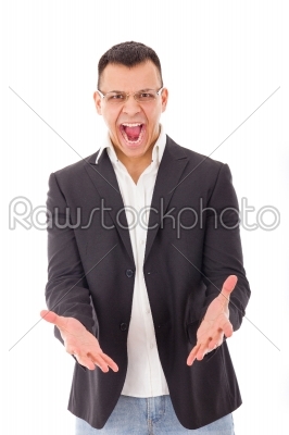 businessman angry and shouting over isolated white 