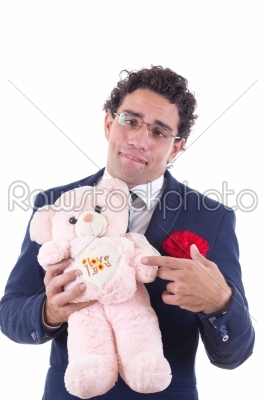 clumsy man holding a teddy menu