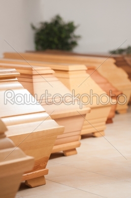 Coffins in shop of mortician