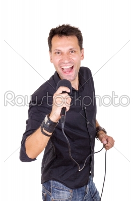 handsome man with microphone singing