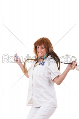 happy nurse holding stethoscope and syringe jumping