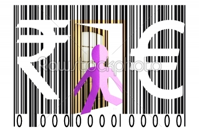 Paperman coming out of a bar code with Euro and Rupee Signs