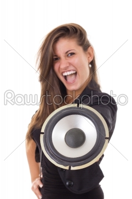 pretty business woman with speaker