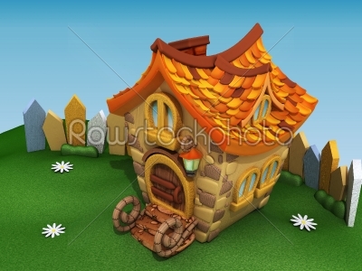 render cartoon house on the green hill with camomiles