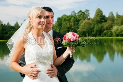 Wedding couple looking into future